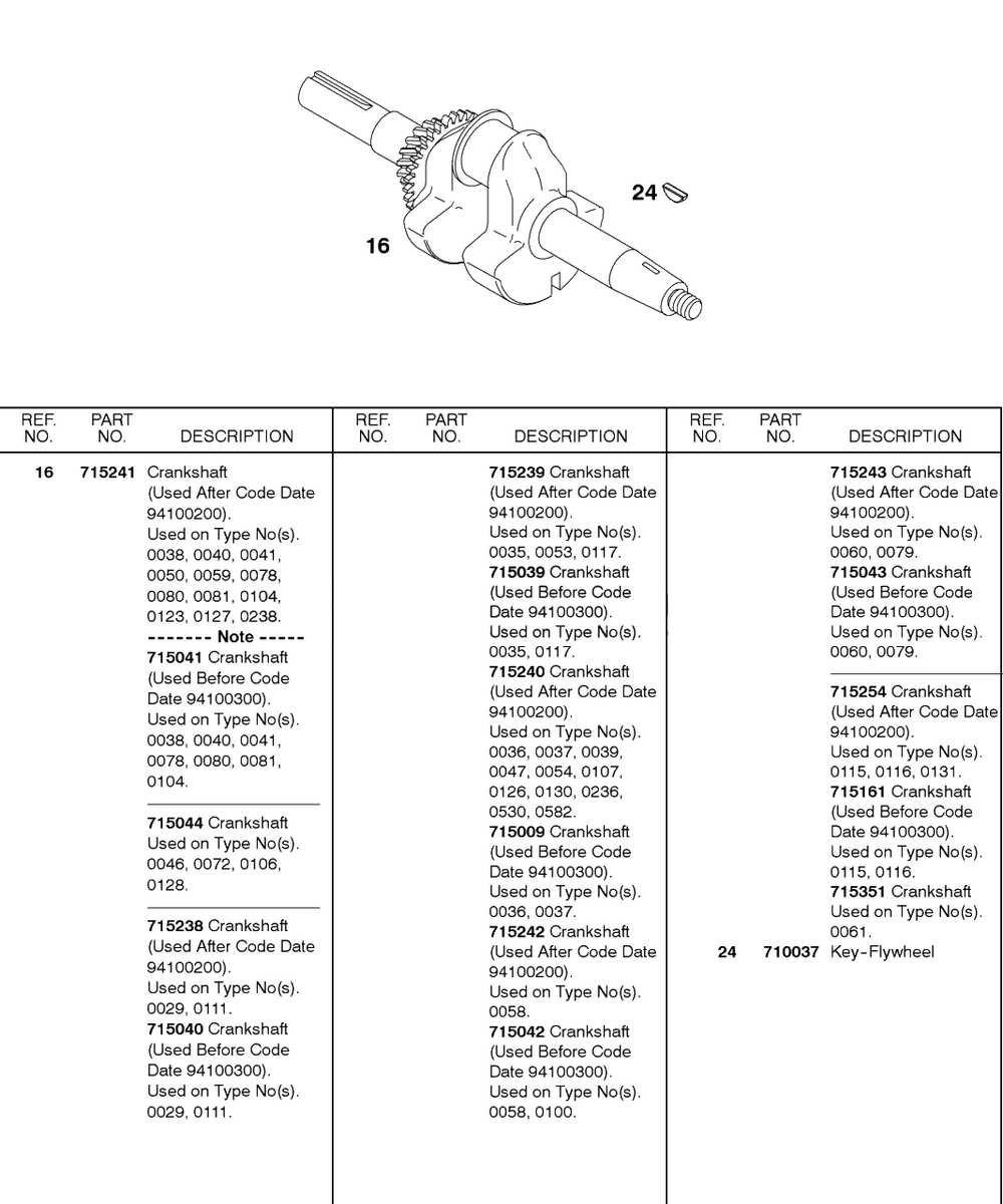Crankshaft Diagram and Parts List for 115432-0135-XX  Briggs and Stratton Engine